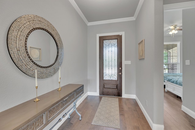 14937 Belclaire Ave, Aledo, TX 76008 - foyer entrance featuring wood finished floors, a ceiling fan, ornamental molding, and baseboards