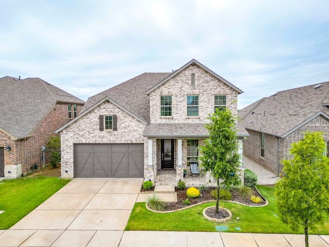 762 Corner Post Path, Celina, TX 75009 - view of front of house with covered porch, brick siding, concrete driveway, a front yard, and a shingled roof