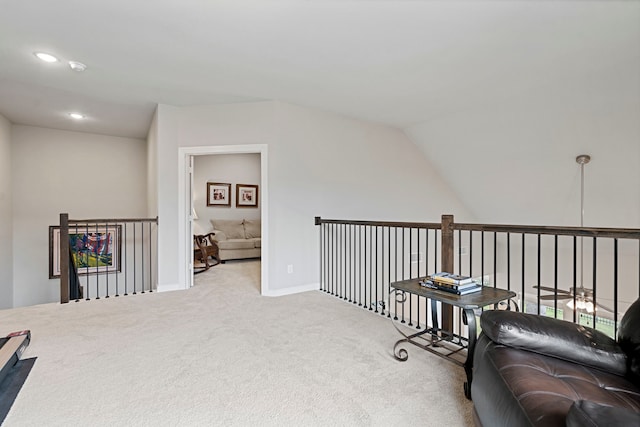 762 Corner Post Path, Celina, TX 75009 - living area featuring carpet floors, recessed lighting, lofted ceiling, an upstairs landing, and baseboards