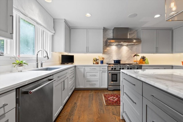kitchen with wall chimney range hood, stainless steel appliances, a sink, dark wood-style flooring, and decorative backsplash