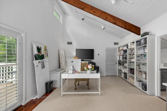 home office with high vaulted ceiling, healthy amount of natural light, beamed ceiling, and wood ceiling