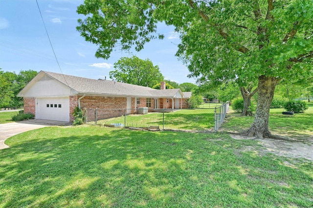 view of side of property featuring brick siding, a chimney, driveway, and an attached garage