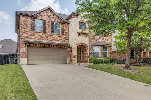 5844 Sunny Meadow Ln, Grand Prairie, TX 75052 - view of front of house with an attached garage, concrete driveway, brick siding, central air condition unit, and stone siding