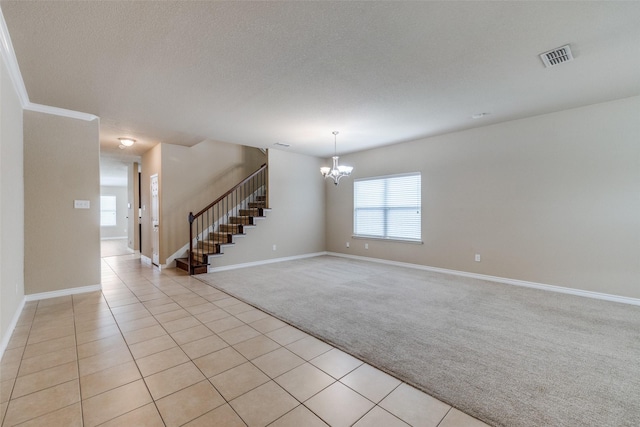 5844 Sunny Meadow Ln, Grand Prairie, TX 75052 - empty room with light colored carpet, a chandelier, stairs, baseboards, and light tile patterned floors
