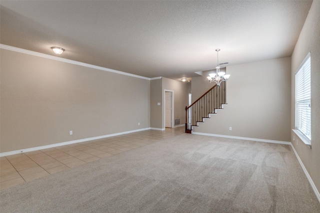 5844 Sunny Meadow Ln, Grand Prairie, TX 75052 - unfurnished living room with healthy amount of natural light, light colored carpet, a chandelier, light tile patterned floors, and crown molding