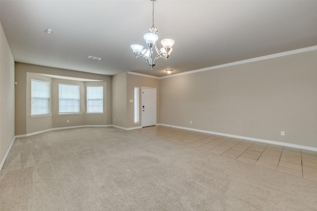 5844 Sunny Meadow Ln, Grand Prairie, TX 75052 - unfurnished room with light carpet, baseboards, a chandelier, light tile patterned flooring, and ornamental molding
