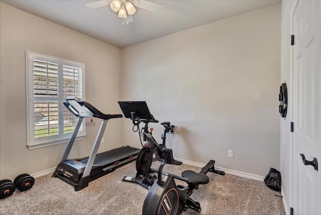 1823 Woodland Park Dr, Denison, TX 75021 - workout area featuring carpet flooring, a ceiling fan, and baseboards