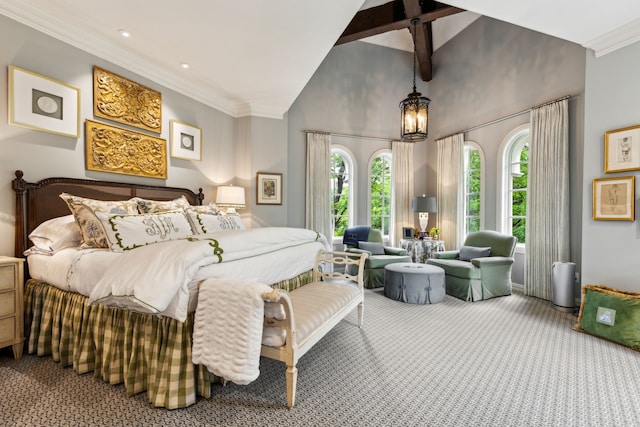 3725 Turtle Creek Blvd Unit A, Dallas, TX 75219 - carpeted bedroom featuring high vaulted ceiling, a chandelier, ornamental molding, and beamed ceiling