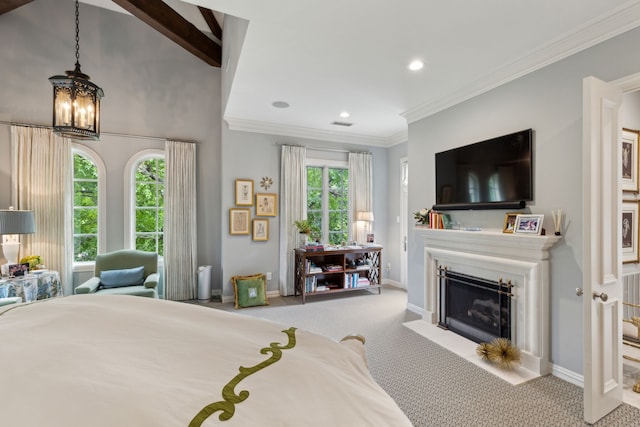 3725 Turtle Creek Blvd Unit A, Dallas, TX 75219 - carpeted bedroom with a fireplace with flush hearth, a chandelier, recessed lighting, baseboards, and ornamental molding
