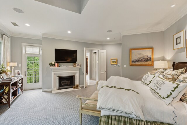 3725 Turtle Creek Blvd Unit A, Dallas, TX 75219 - carpeted bedroom featuring ornamental molding, recessed lighting, a fireplace, baseboards, and access to outside