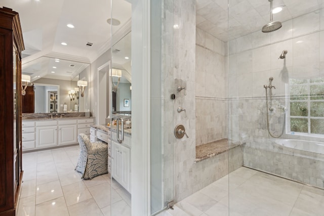 3725 Turtle Creek Blvd Unit A, Dallas, TX 75219 - bathroom featuring ornamental molding, tiled shower, vanity, recessed lighting, and a tub