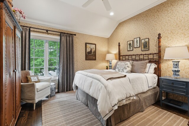 3725 Turtle Creek Blvd Unit A, Dallas, TX 75219 - bedroom featuring ornamental molding, lofted ceiling, wallpapered walls, wood finished floors, and ceiling fan