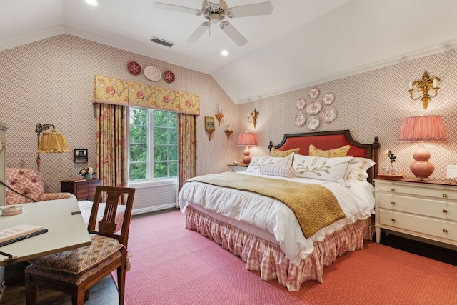 3725 Turtle Creek Blvd Unit A, Dallas, TX 75219 - carpeted bedroom with vaulted ceiling, ornamental molding, ceiling fan, and wallpapered walls