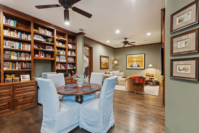 3725 Turtle Creek Blvd Unit A, Dallas, TX 75219 - dining space with a ceiling fan, dark wood-style floors, crown molding, and recessed lighting