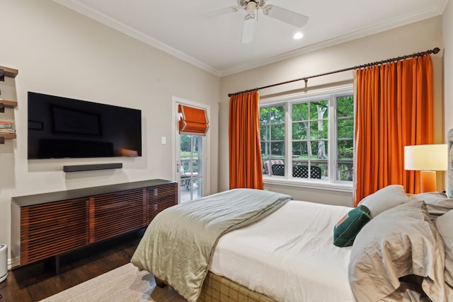 3725 Turtle Creek Blvd Unit A, Dallas, TX 75219 - bedroom featuring ornamental molding, wood finished floors, access to exterior, a ceiling fan, and recessed lighting