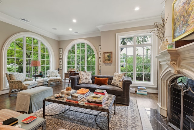 3725 Turtle Creek Blvd Unit A, Dallas, TX 75219 - living area with a premium fireplace, ornamental molding, wood finished floors, and recessed lighting