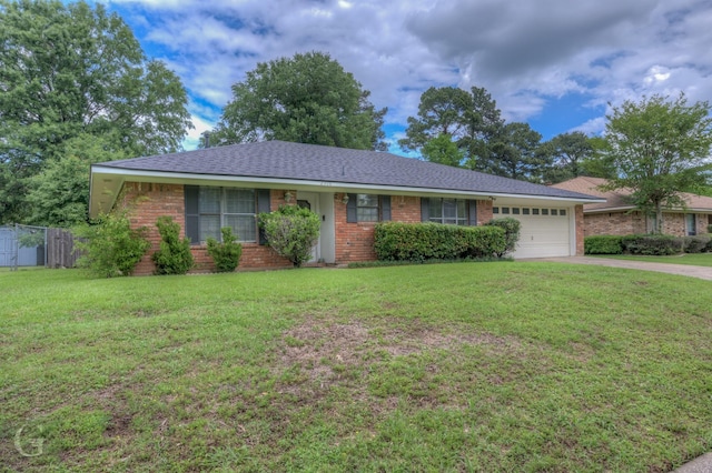 ranch-style home featuring brick siding, a garage, concrete driveway, and roof with shingles