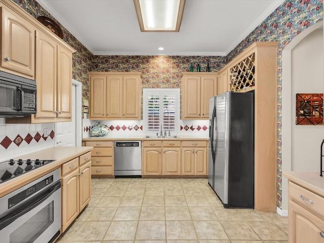 1457 Susan Ln, Carrollton, TX 75007 - kitchen featuring black appliances, light brown cabinets, wallpapered walls, backsplash, and crown molding