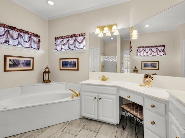 1457 Susan Ln, Carrollton, TX 75007 - full bathroom with a garden tub, vanity, crown molding, recessed lighting, and a shower