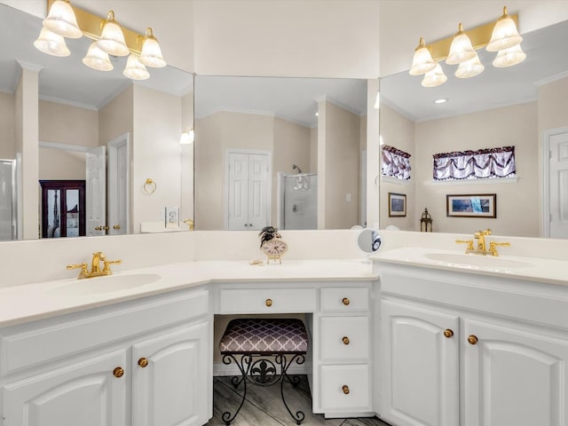 1457 Susan Ln, Carrollton, TX 75007 - bathroom featuring ornamental molding, a shower stall, and double vanity