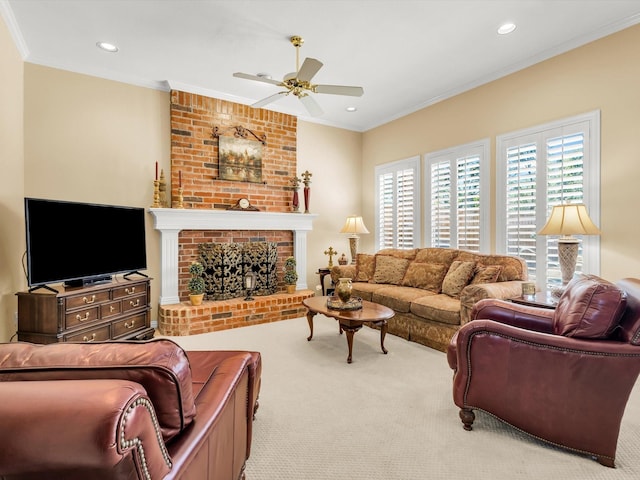 1457 Susan Ln, Carrollton, TX 75007 - living room with carpet flooring, ceiling fan, ornamental molding, recessed lighting, and a fireplace