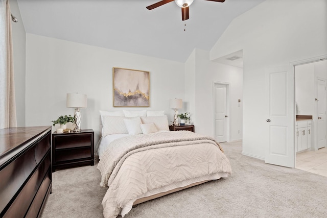 2606 High Cotton Ln, Garland, TX 75042 - bedroom with light carpet, high vaulted ceiling, connected bathroom, baseboards, and a ceiling fan