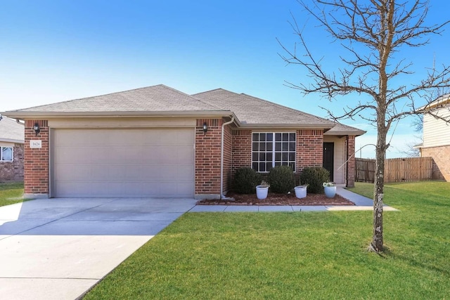 1626 Kawati Way, Krum, TX 76249 - single story home featuring an attached garage, brick siding, driveway, and a shingled roof