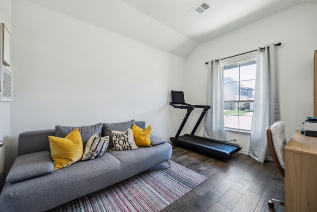 2812 Quill Ln, Northlake, TX 76247 - living area featuring lofted ceiling, dark wood-style floors, baseboards, and a desk