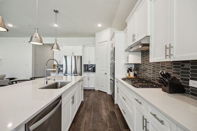 2812 Quill Ln, Northlake, TX 76247 - kitchen with a sink, under cabinet range hood, appliances with stainless steel finishes, light countertops, and recessed lighting