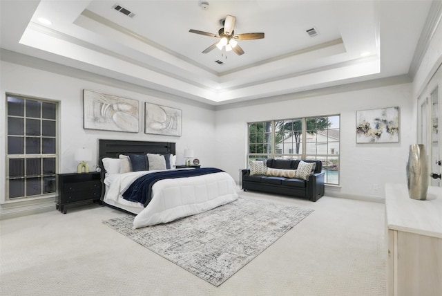 1430 Black Hawk Trl, Nemo, TX 76070 - bedroom with carpet, a tray ceiling, ornamental molding, ceiling fan, and baseboards