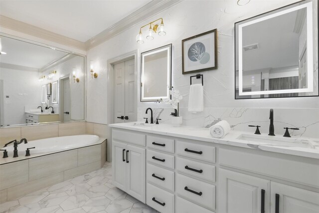 1430 Black Hawk Trl, Nemo, TX 76070 - full bathroom with ornamental molding, double vanity, a bath, and tasteful backsplash