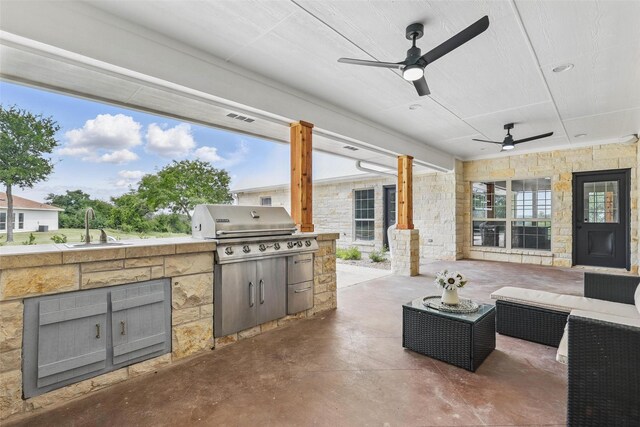 1430 Black Hawk Trl, Nemo, TX 76070 - view of patio featuring a grill, a sink, area for grilling, a ceiling fan, and an outdoor hangout area