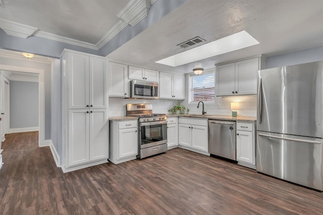 4109 Twin Falls St, Irving, TX 75062 - kitchen with stainless steel appliances, a skylight, tasteful backsplash, dark wood-style floors, and ornamental molding