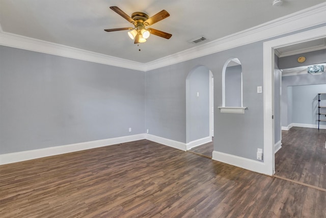 4109 Twin Falls St, Irving, TX 75062 - unfurnished room featuring wood finished floors, ceiling fan, arched walkways, and crown molding