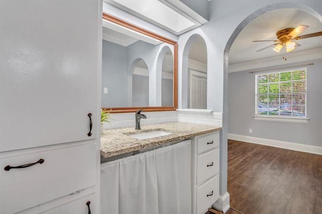 4109 Twin Falls St, Irving, TX 75062 - bathroom with crown molding, vanity, wood finished floors, and ceiling fan