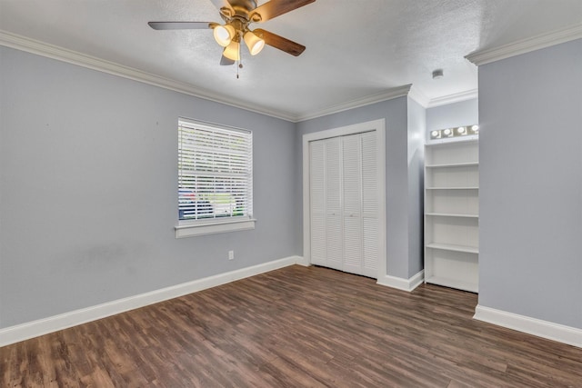4109 Twin Falls St, Irving, TX 75062 - unfurnished bedroom with wood finished floors, ornamental molding, a closet, a ceiling fan, and a textured ceiling