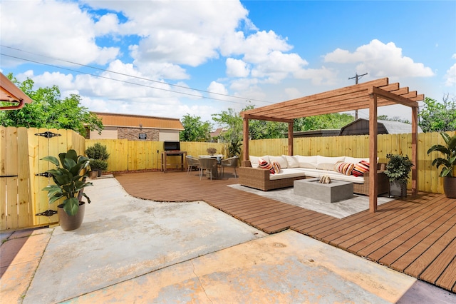4109 Twin Falls St, Irving, TX 75062 - fenced backyard featuring an outdoor living space with a fire pit, a wooden deck, a pergola, outdoor dining space, and a patio area