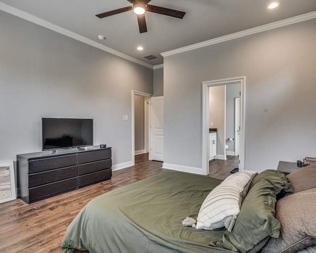 513 Dillon St, Waxahachie, TX 75165 - bedroom featuring ornamental molding, wood finished floors, baseboards, recessed lighting, and ensuite bathroom