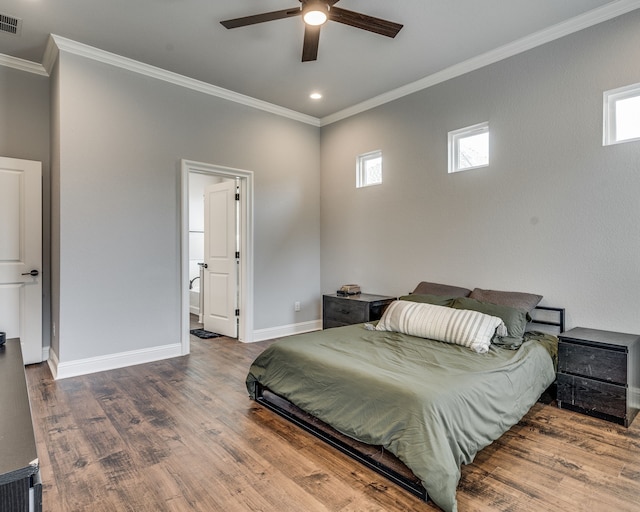 513 Dillon St, Waxahachie, TX 75165 - bedroom with ornamental molding, wood finished floors, baseboards, a ceiling fan, and connected bathroom