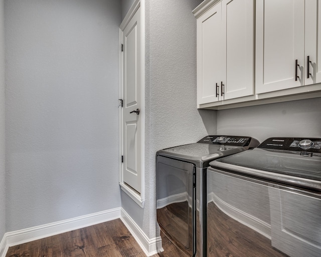 513 Dillon St, Waxahachie, TX 75165 - washroom with washing machine and dryer, dark wood-style floors, cabinet space, and baseboards