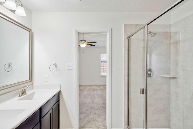 107 Mesa Verde Ct, Forney, TX 75126 - bathroom with a stall shower, double vanity, and ceiling fan