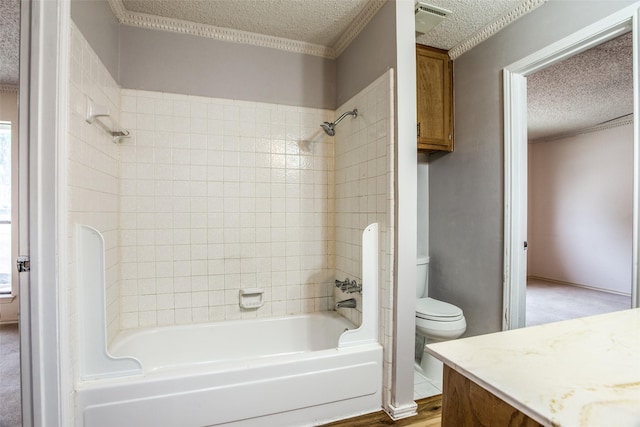 104 NE Rosamond St, Burleson, TX 76028 - full bath featuring a textured ceiling, toilet, shower / bath combination, vanity, and crown molding
