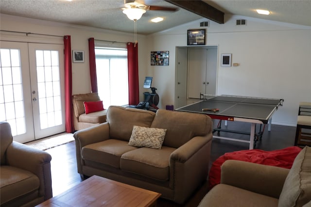 124 Circle Dr, Kaufman, TX 75142 - living area with french doors, a ceiling fan, a textured ceiling, and wood finished floors