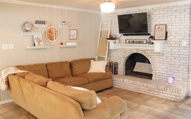 124 Circle Dr, Kaufman, TX 75142 - tiled living area with ornamental molding, a brick fireplace, and ceiling fan