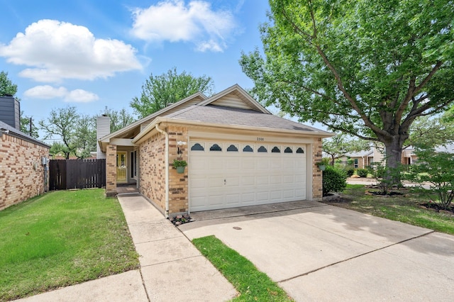 ranch-style house featuring brick siding, a chimney, driveway, and an attached garage
