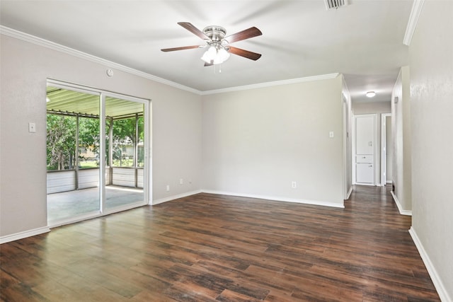 207 Bluebird Cir, Denton, TX 76209 - empty room with ceiling fan, ornamental molding, dark wood finished floors, and baseboards