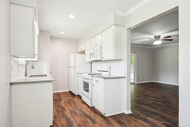 207 Bluebird Cir, Denton, TX 76209 - kitchen featuring a sink, white appliances, dark wood-style flooring, ceiling fan, and ornamental molding