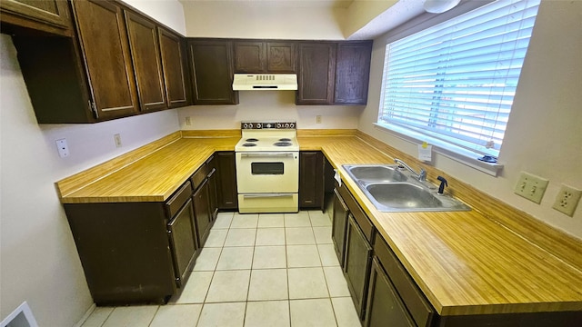 18 E Townhouse Ln Unit 31, Grand Prairie, TX 75052 - kitchen featuring under cabinet range hood, electric range, a sink, dark brown cabinets, and light tile patterned flooring
