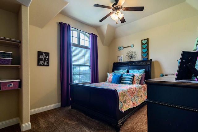 carpeted bedroom with baseboards and a ceiling fan