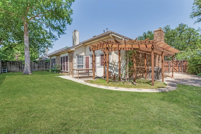 rear view of house with a pergola, a chimney, a patio, and brick siding